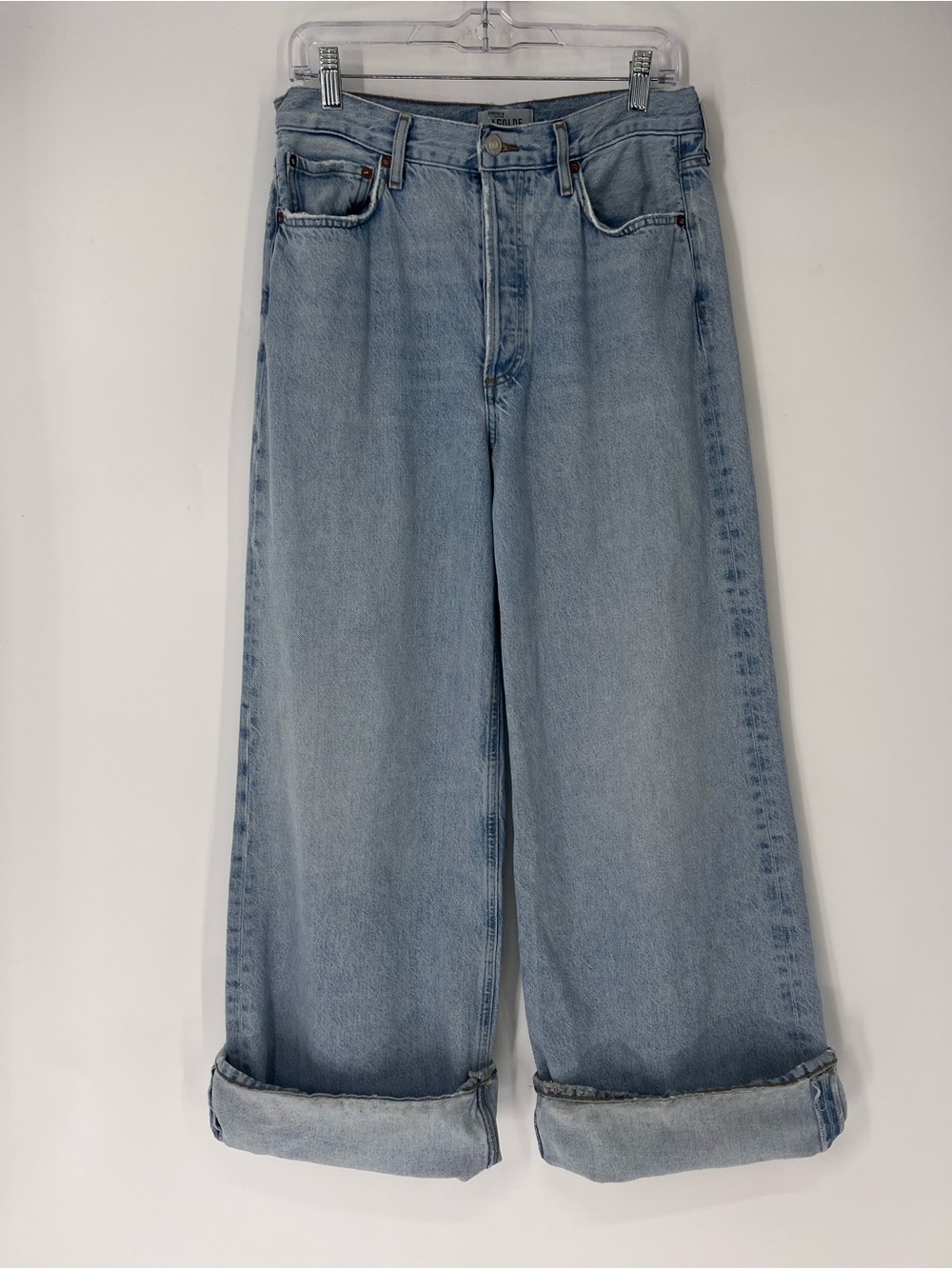 AGOLDE Dame Medium Wash High Waist Wide Leg Cuffed Classic Denim Jeans 28